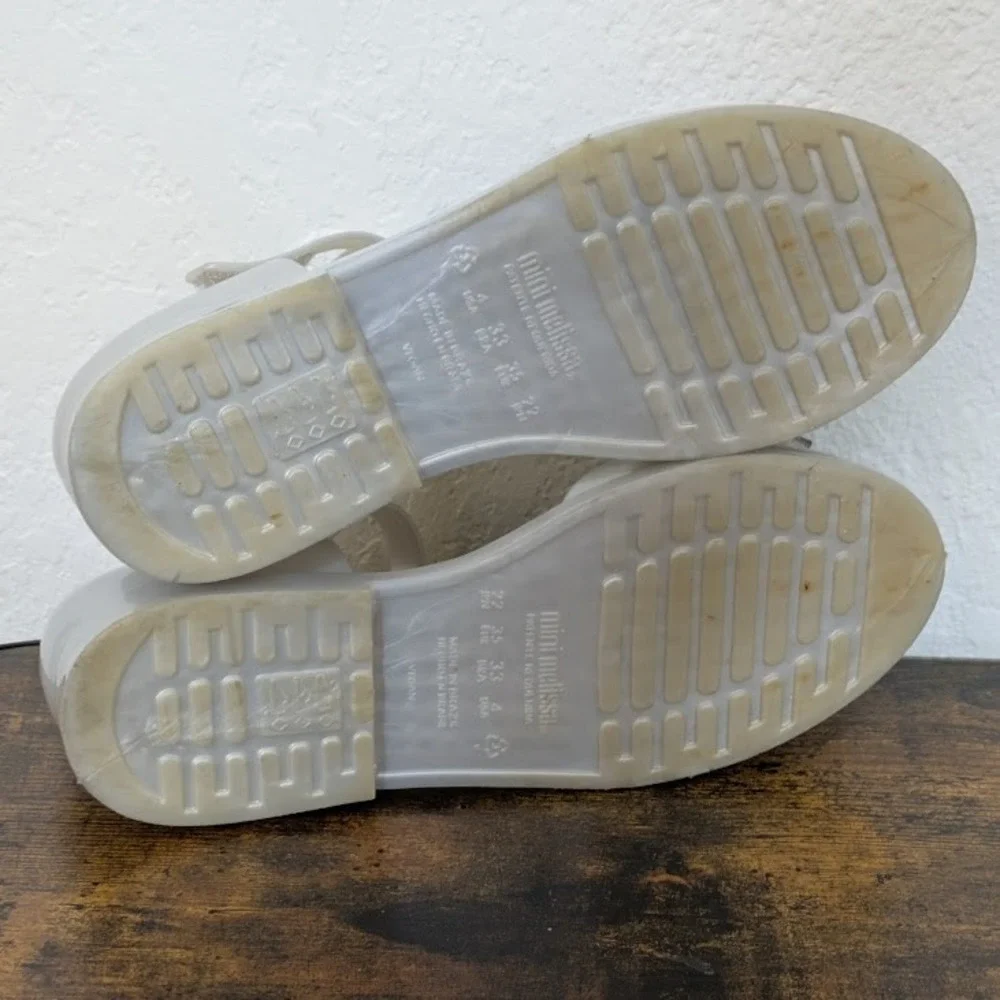 Mini Melissa Barbie Jelly Sandals Metallic White Bow Heart Vegan Big Kid Flats 4